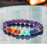 7 Chakra & Amethyst + Silver Disk Custom Size Round Smooth Stretch Natural Gemstone Crystal Energy Bead Bracelet