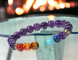 7 Chakra & Amethyst + Silver Disk Custom Size Round Smooth Stretch Natural Gemstone Crystal Energy Bead Bracelet