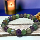 Intention - Crown Chakra Balance - Amethyst + Rainbow Labradorite + Fluorite Custom Size Round Smooth Stretch (8mm) Natural Gemstone Crystal Energy Bead Bracelet