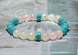 Turquoise - Blue Frost Matte + Rainbow Moonstone + Rose Quartz “Rise Above” Round Stretch (8mm) Natural Gemstone Crystal Energy Bead Bracelet