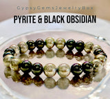 Pyrite (Silver) + Black Obsidian Round Smooth Stretch (8mm) Natural Gemstone Crystal Energy Bead Bracelet