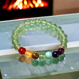 7 CHAKRA & Green Aventurine Silver, Custom Size Round Smooth Stretch Natural Gemstone Crystal Energy Bead Bracelet