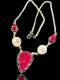 Ruby + Eye of Shiva Shell Multi Stone Natural Gemstone Pear/Oval shape .925 Sterling Silver Stamped Necklace