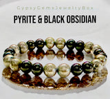 Pyrite (Silver) + Black Obsidian Round Smooth Stretch (8mm) Natural Gemstone Crystal Energy Bead Bracelet