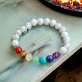 7 CHAKRA & Howlite + Silver Disk Custom Size Round Smooth Stretch (8mm) Natural Gemstone Crystal Energy Bead Bracelet