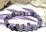 Amethyst - Chevron Dream Amethyst•Faceted Light Purple Amethyst•Clear Quartz Crystal•Silver Disk Spacers•Custom Size•Round Stretch (8mm) Natural Gemstone Crystal Energy Bead Bracelet