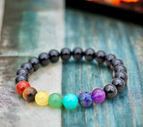 7 CHAKRA & Black Sheen Obsidian or Black Onyx Matte Choice Custom Size Round Smooth Stretch (8mm) Natural Gemstone Crystal Energy Bead Bracelet