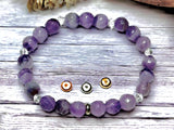 Amethyst - Chevron Dream Amethyst•Faceted Light Purple Amethyst•Clear Quartz Crystal•Silver Disk Spacers•Custom Size•Round Stretch (8mm) Natural Gemstone Crystal Energy Bead Bracelet