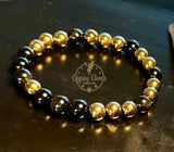 Pyrite (Gold) + Gold Sheen Black Obsidian Round Smooth Stretch (8mm) Natural Gemstone Crystal Energy Bead Bracelet