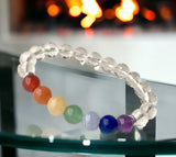 7 CHAKRA & Clear Quartz Custom Size Silver Spacers Round Smooth Stretch Natural Gemstone Crystal Energy Bead Bracelet