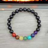 7 CHAKRA & Black Sheen Obsidian or Black Onyx Matte Choice Custom Size Round Smooth Stretch (8mm) Natural Gemstone Crystal Energy Bead Bracelet