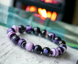 Agate - Banded Botswana Stripe Purple Agate Custom Size Round Smooth Stretch (8mm) Natural Gemstone Crystal Energy Bead Bracelet