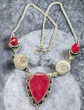 Ruby + Eye of Shiva Shell Multi Stone Natural Gemstone Pear/Oval shape .925 Sterling Silver Stamped Necklace