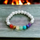 7 CHAKRA & Howlite + Silver Disk Custom Size Round Smooth Stretch (8mm) Natural Gemstone Crystal Energy Bead Bracelet