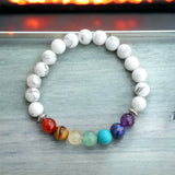 7 CHAKRA & Howlite + Silver Disk Custom Size Round Smooth Stretch (8mm) Natural Gemstone Crystal Energy Bead Bracelet