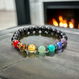 7 CHAKRA & Black Onyx + Hematite Disk Custom Size Round Smooth Stretch (8mm) Natural Gemstone Crystal Energy Bead Bracelet
