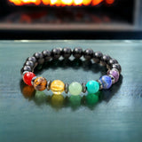 7 CHAKRA & Black Onyx + Hematite Disk Custom Size Round Smooth Stretch (8mm) Natural Gemstone Crystal Energy Bead Bracelet