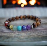 7 CHAKRA & Tiger’s Eye Yellow Golden Brown Custom Size Silver Spacers Round Smooth Stretch Natural Gemstone Crystal Energy Bead Bracelet