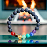 7 CHAKRA & Black Sheen Obsidian or Black Onyx Matte Choice Custom Size Round Smooth Stretch (8mm) Natural Gemstone Crystal Energy Bead Bracelet