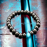Hematite + Blue Cat Eye (Chrysoberyl ) Round Smooth Stretch (8mm) Natural Gemstone Crystal Energy Bead Bracelet