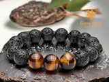Lava Stone•Black Lava Rock + Tiger Eye Aromatherapy Custom Size Round Stretch (10mm Grande, Large) Natural Gemstone Crystal Energy Bead Bracelet