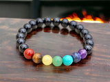 7 CHAKRA & Black Sheen Obsidian or Black Onyx Matte Choice Custom Size Round Smooth Stretch (8mm) Natural Gemstone Crystal Energy Bead Bracelet