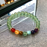 7 CHAKRA & Green Aventurine Silver, Custom Size Round Smooth Stretch Natural Gemstone Crystal Energy Bead Bracelet