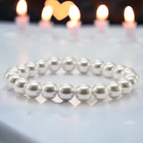 Pearl - White Shell Pearl•Custom Size Genuine Round Smooth Stretch (8mm) Natural Gemstone Crystal Energy Bead Bracelet