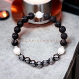 Intention - Protection•Black Onyx•Hematite•Lava Stone•Selenite•Custom Size Round Smooth Stretch (8mm) Natural Gemstone Crystal Energy Bead Bracelet