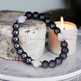 Intention - Protection•Black Onyx•Hematite•Lava Stone•Selenite•Custom Size Round Smooth Stretch (8mm) Natural Gemstone Crystal Energy Bead Bracelet