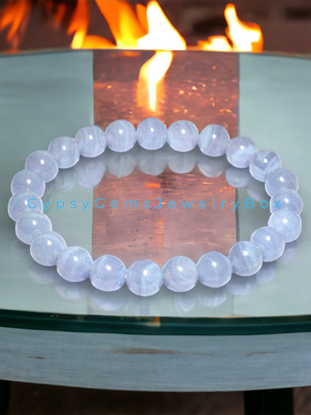 Agate - Blue Lace Agate, Light Blue, Custom Size Round Smooth Stretch (8mm) or (10mm Grande) Natural Gemstone Crystal Energy Bead Bracelet