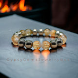 Intention- Abundance Citrine + Pyrite Custom Size Round Smooth Stretch (8mm) Natural Gemstone Crystal Energy Bead Bracelet "High Quality”