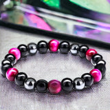 Triple Protection - Tiger’s Eye Pink Rose + Black Onyx + Hematite Custom Size, Trinity of Love Bracelet, Round Smooth Stretch (8mm or 10mm beads) Natural Gemstone Crystal Energy Bead Bracelet