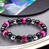 Triple Protection - Tiger’s Eye Pink Rose + Black Onyx + Hematite Custom Size, Trinity of Love Bracelet, Round Smooth Stretch (8mm or 10mm beads) Natural Gemstone Crystal Energy Bead Bracelet