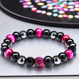 Triple Protection - Tiger’s Eye Pink Rose + Black Onyx + Hematite Custom Size, Trinity of Love Bracelet, Round Smooth Stretch (8mm or 10mm beads) Natural Gemstone Crystal Energy Bead Bracelet