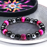 Triple Protection - Tiger’s Eye Pink Rose + Black Onyx + Hematite Custom Size, Trinity of Love Bracelet, Round Smooth Stretch (8mm or 10mm beads) Natural Gemstone Crystal Energy Bead Bracelet