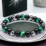 Triple Protection - Tiger’s Eye Green + Black Onyx + Hematite Custom Size, Opportunity Seeker Bracelet, Round Smooth Stretch (8mm or 10mm beads) Natural Gemstone Crystal Energy Bead Bracelet