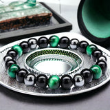 Triple Protection - Tiger’s Eye Green + Black Onyx + Hematite Custom Size, Opportunity Seeker Bracelet, Round Smooth Stretch (8mm or 10mm beads) Natural Gemstone Crystal Energy Bead Bracelet
