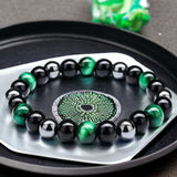Triple Protection - Tiger’s Eye Green + Black Onyx + Hematite Custom Size, Opportunity Seeker Bracelet, Round Smooth Stretch (8mm or 10mm beads) Natural Gemstone Crystal Energy Bead Bracelet
