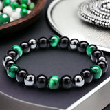 Triple Protection - Tiger’s Eye Green + Black Onyx + Hematite Custom Size, Opportunity Seeker Bracelet, Round Smooth Stretch (8mm or 10mm beads) Natural Gemstone Crystal Energy Bead Bracelet