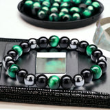 Triple Protection - Tiger’s Eye Green + Black Onyx + Hematite Custom Size, Opportunity Seeker Bracelet, Round Smooth Stretch (8mm or 10mm beads) Natural Gemstone Crystal Energy Bead Bracelet