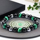 Triple Protection - Tiger’s Eye Green + Black Onyx + Hematite Custom Size, Opportunity Seeker Bracelet, Round Smooth Stretch (8mm or 10mm beads) Natural Gemstone Crystal Energy Bead Bracelet