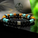 Turquoise - Black Obsidian, Rudraksha Seed, Palo Santo, Silver-Copper-Gold Hematite, Black Ebony Wood•Custom Size•Round Smooth Stretch (8mm) Natural Gemstone Crystal Energy Bead Bracelet
