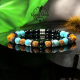 Turquoise - Black Obsidian, Rudraksha Seed, Palo Santo, Silver-Copper-Gold Hematite, Black Ebony Wood•Custom Size•Round Smooth Stretch (8mm) Natural Gemstone Crystal Energy Bead Bracelet