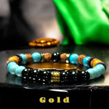 Turquoise - Black Obsidian, Rudraksha Seed, Palo Santo, Silver-Copper-Gold Hematite, Black Ebony Wood•Custom Size•Round Smooth Stretch (8mm) Natural Gemstone Crystal Energy Bead Bracelet