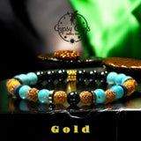 Turquoise - Black Obsidian, Rudraksha Seed, Palo Santo, Silver-Copper-Gold Hematite, Black Ebony Wood•Custom Size•Round Smooth Stretch (8mm) Natural Gemstone Crystal Energy Bead Bracelet