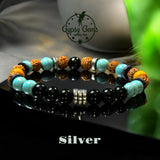 Turquoise - Black Obsidian, Rudraksha Seed, Palo Santo, Silver-Copper-Gold Hematite, Black Ebony Wood•Custom Size•Round Smooth Stretch (8mm) Natural Gemstone Crystal Energy Bead Bracelet