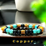 Turquoise - Black Obsidian, Rudraksha Seed, Palo Santo, Silver-Copper-Gold Hematite, Black Ebony Wood•Custom Size•Round Smooth Stretch (8mm) Natural Gemstone Crystal Energy Bead Bracelet