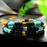 Turquoise - Black Obsidian, Rudraksha Seed, Palo Santo, Silver-Copper-Gold Hematite, Black Ebony Wood•Custom Size•Round Smooth Stretch (8mm) Natural Gemstone Crystal Energy Bead Bracelet