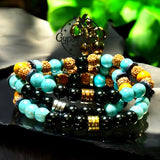 Turquoise - Black Obsidian, Rudraksha Seed, Palo Santo, Silver-Copper-Gold Hematite, Black Ebony Wood•Custom Size•Round Smooth Stretch (8mm) Natural Gemstone Crystal Energy Bead Bracelet